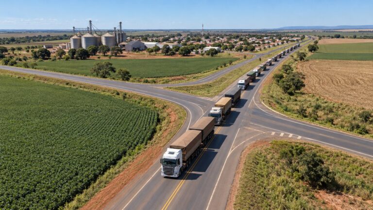 Rodovia cortando lavouras no planalto com caminhões de grãos