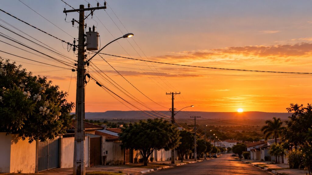 Poste de distribuição de energia elétrica em rua residencial ao entardecer