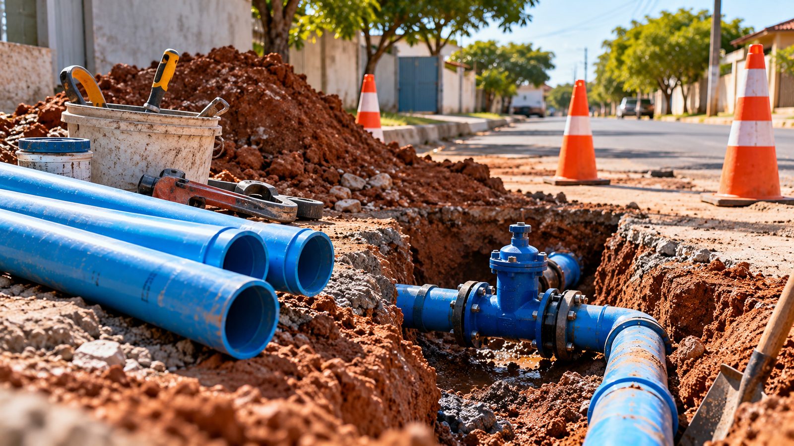 Obra de reparo em rede de água em rua de cidade do interior