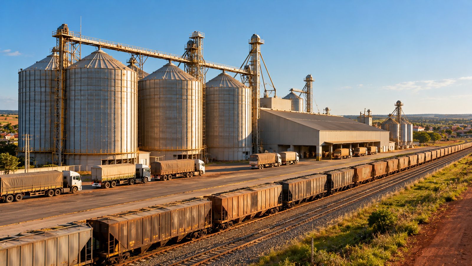 Silos de armazenagem de grãos ao lado de ferrovia em cidade agrícola