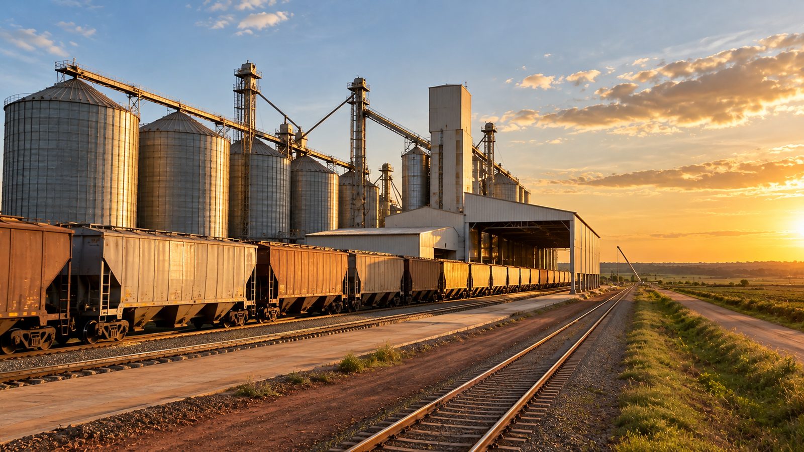 Trem de carga com vagões graneleiros em terminal ferroviário com silos