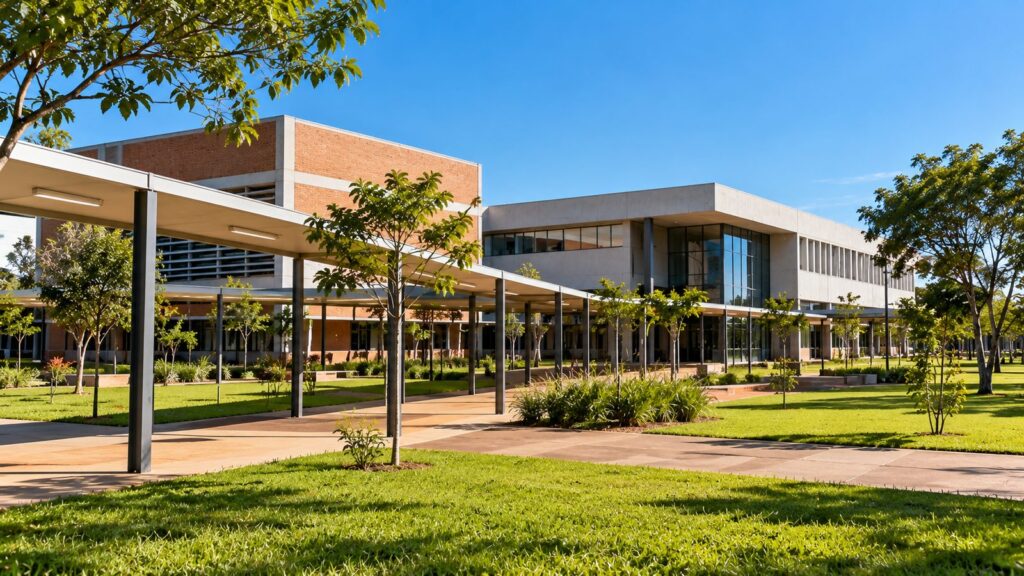 Prédio de câmpus universitário com área verde em cidade do interior