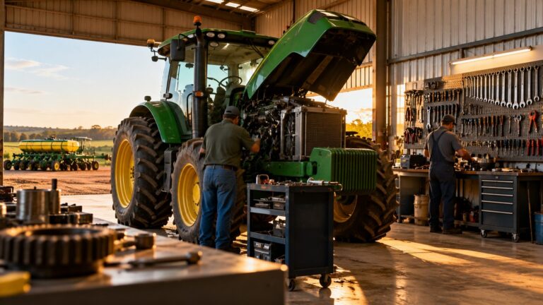 Oficina de máquinas agrícolas com trator em manutenção